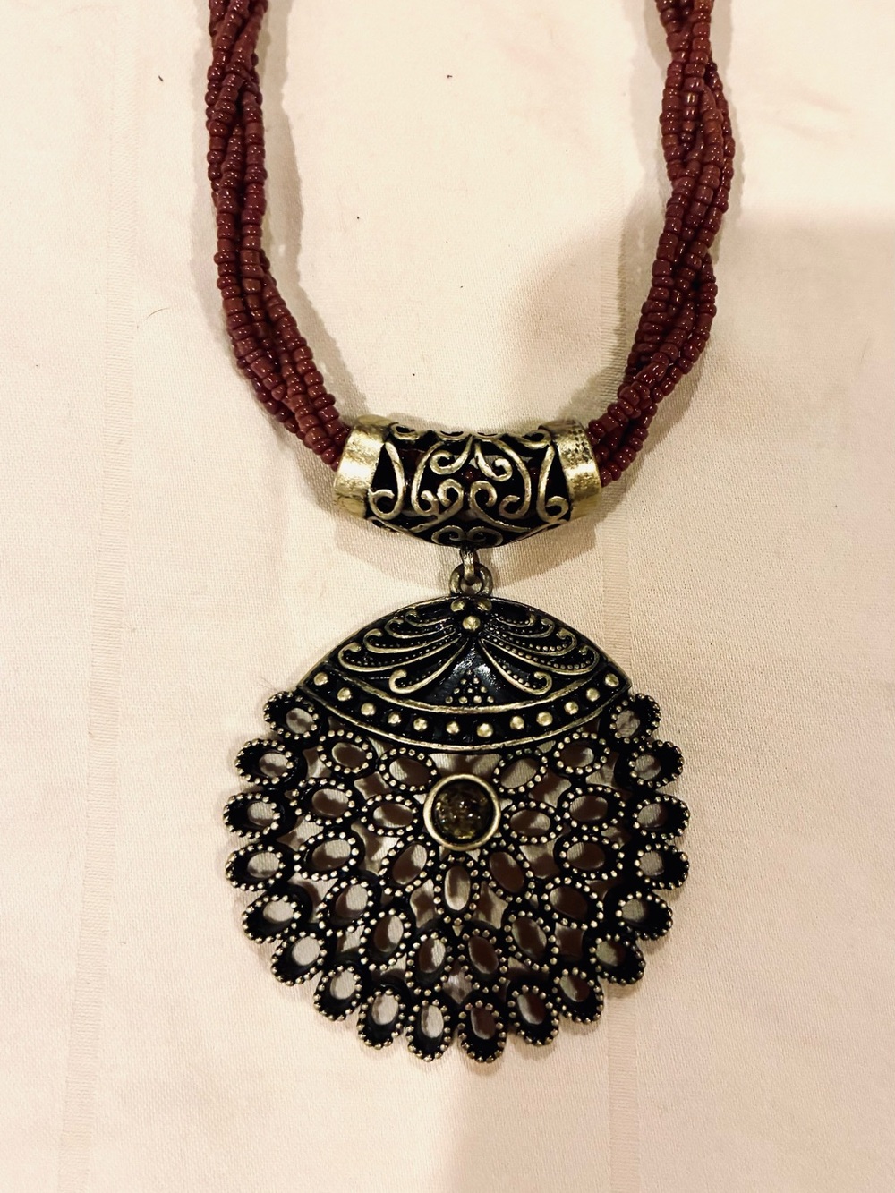 Bohemian Rust Beaded Statement Pendant Necklace